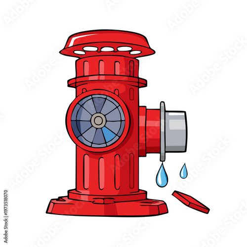 Red cartoon fire hydrant with dripping water and a loose cap on white