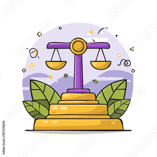 Stylized Justice Scales Illustration on a Pedestal with Leaves and Abstract Shapes