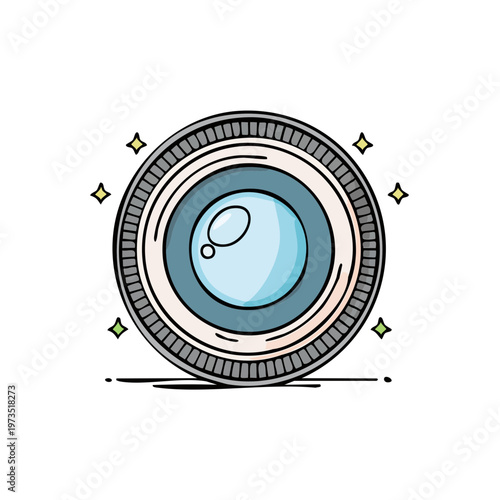 Hand-drawn illustration of a camera lens with sparkling effects