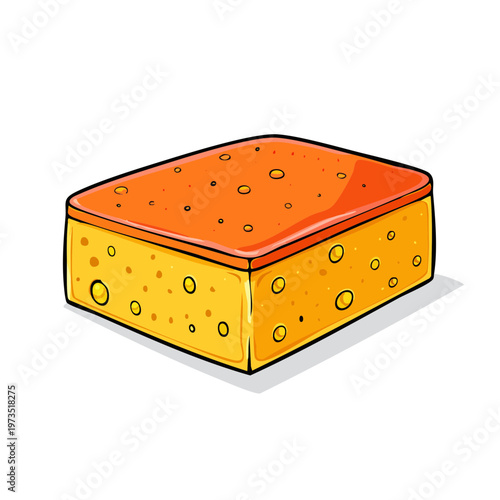 Illustration of a rectangular orange sponge with yellow holes for cleaning