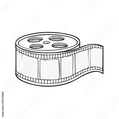 Hand drawn illustration of a vintage film reel with unexposed movie tape unwinding