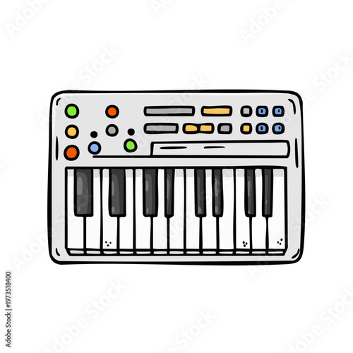 Drawn musical keyboard with colorful buttons and black and white keys for creating melodies