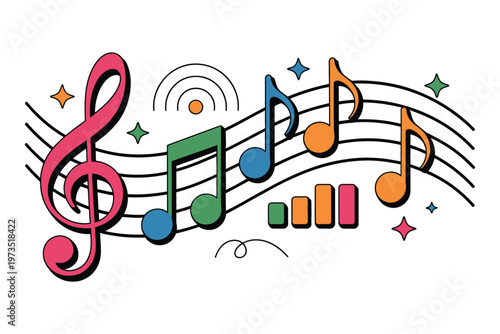 Colorful music notes with staff lines and stars on transparent background vector design element for concert party advertisement poster print