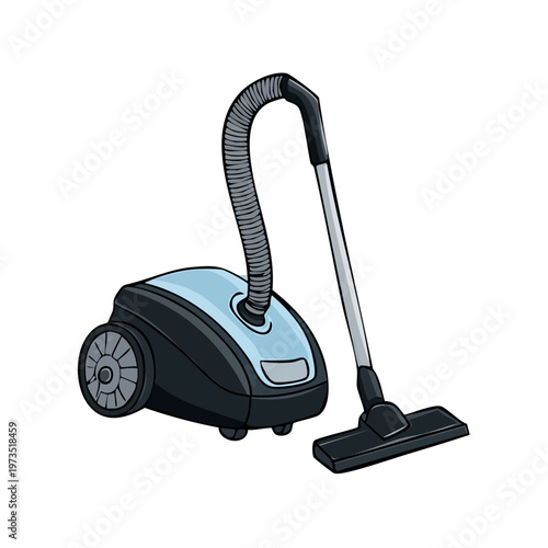 Modern blue and black canister vacuum cleaner with hose and floor nozzle for household cleaning tasks