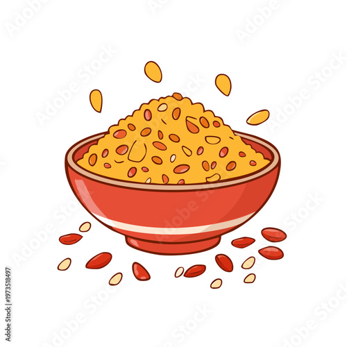 Cartoon bowl overflowing with healthy grains and seeds for breakfast or healthy eating