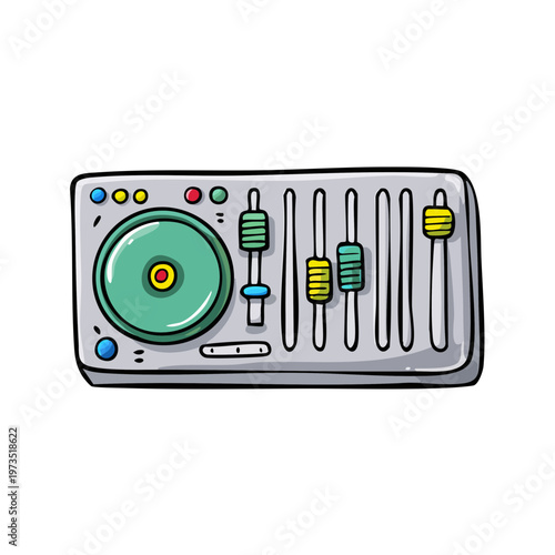 Colorful cartoon DJ turntable and audio mixer with sliders and knobs
