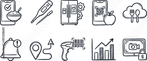 Hand drawn doodle digital food safety vector icons set 10 smart kitchen iot monitoring mobile app thermometer fridge qr code scanning data cloud.