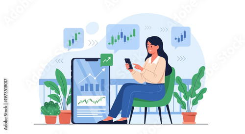 Woman analyzing stock market charts on smartphone, financial growth concept