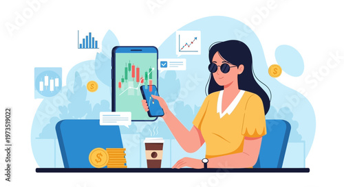 Woman analyzing stock market charts on smartphone, financial growth concept