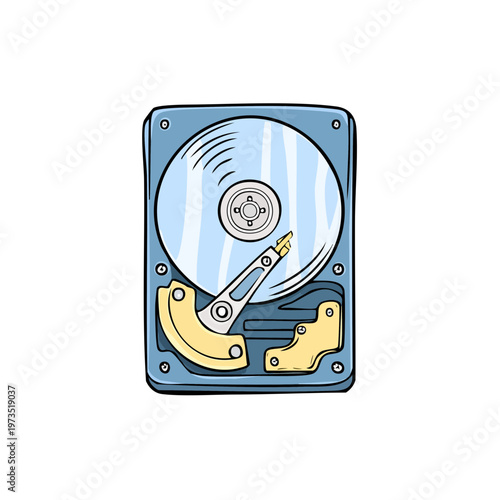 Illustration of an open computer hard drive disk platter and read/write arm