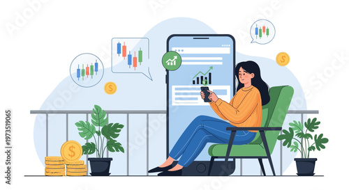 Woman analyzing stock market charts on smartphone, financial growth concept