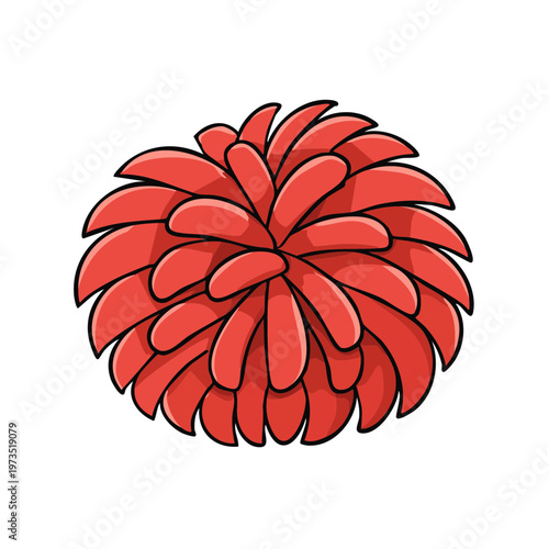 A bright red pom pom illustration with a cartoon style and clean lines