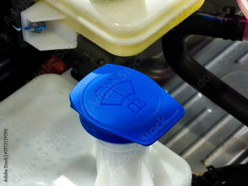 Blue Windshield Washer Fluid Reservoir Cap in Car Engine Bay