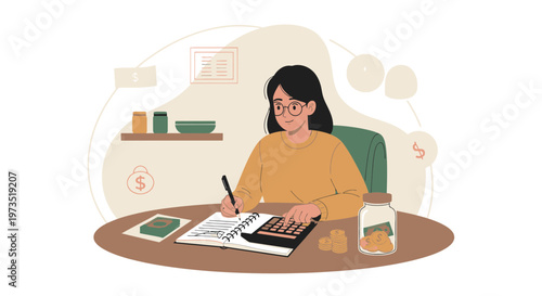 Woman budgeting, calculating finances with calculator and saving money in jar