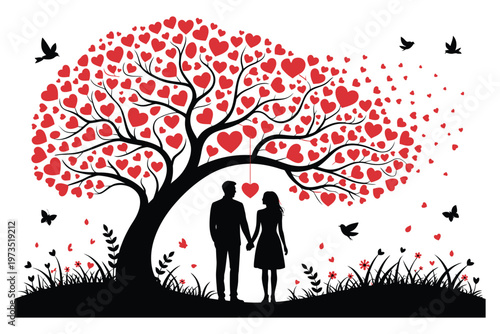 Romantic couple holding hands standing under big tree with many red hearts floating in wind symbolizing love passion and deep connection