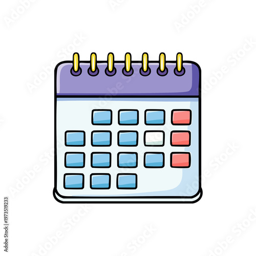 Cartoon illustration of a monthly desk calendar with days highlighted and a spiral binding