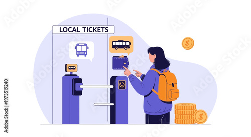 Woman buying bus tickets at automated machine, public transport payment concept