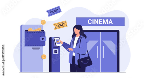 Woman buying cinema ticket at self-service kiosk using smartphone, wallet and coins nearby