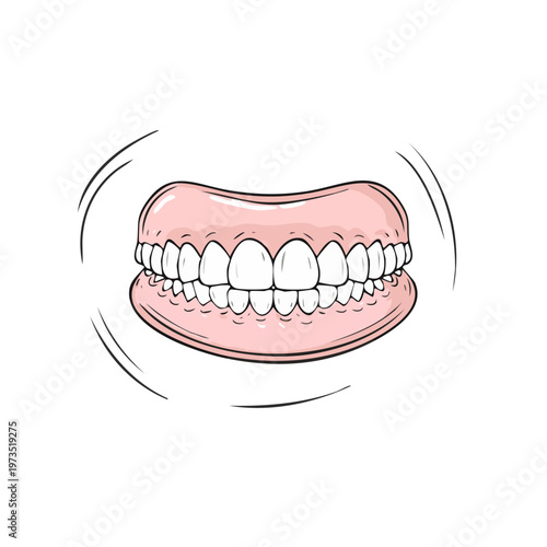 Cartoon illustration of a set of dentures in a smiling mouth with radiating lines