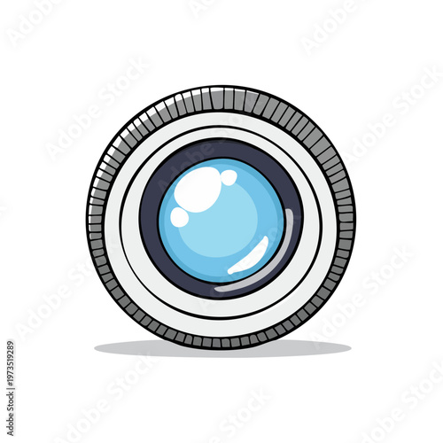 Illustration of a vintage camera lens with blue reflection on white background