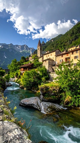 A European village nestled along a vibrant river beneath a mountain backdrop. Buildings cascade down, blending with lush greenery. Dramatic clouds