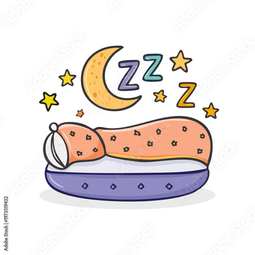 Cute cartoon character sleeping peacefully in bed under a starry night sky