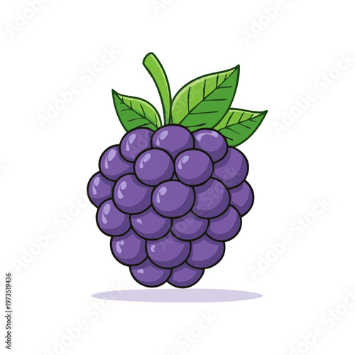 Vibrant cartoon illustration of a bunch of plump purple berries with green leaves