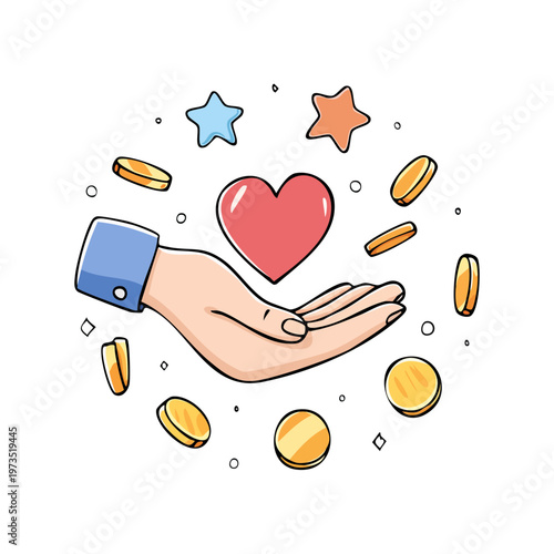 Hand holding heart and coins with stars symbolizing generosity and good fortune