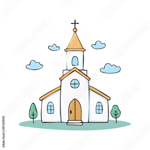 Simple white church building with golden steeple and cross surrounded by trees and clouds
