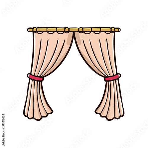 Draped peach colored curtains tied back with red bands on a wooden curtain rod