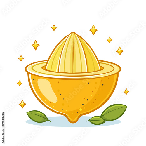 Handheld citrus juicer making fresh lemonade with lemon and leaves