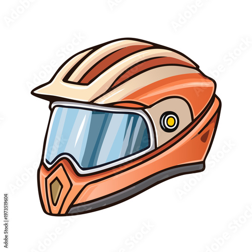 Illustration of a colorful orange motorcycle helmet with tinted visor for extreme sports