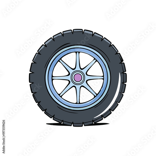 Detailed illustration of a car wheel with a silver rim and black tire