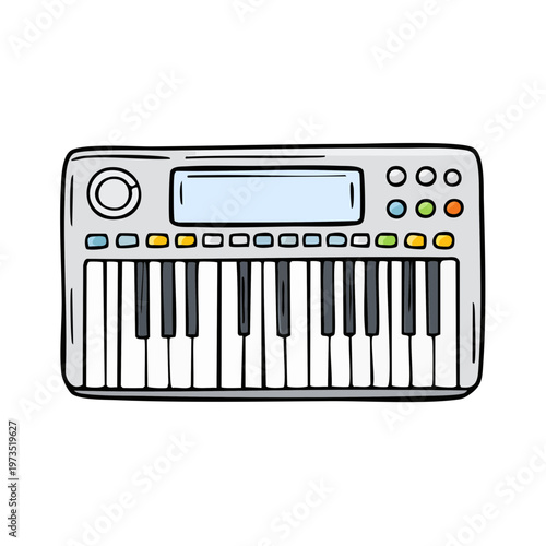Hand drawn illustration of a portable electronic keyboard synthesizer with keys and buttons