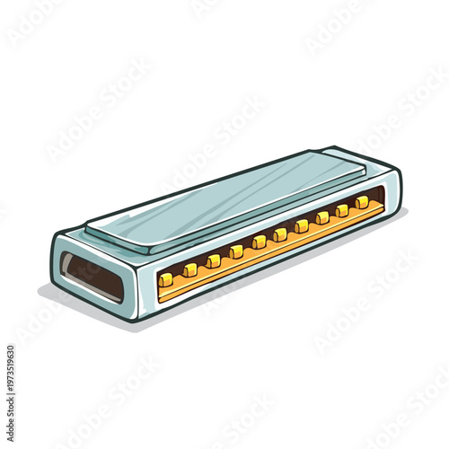 Cartoon illustration of a blue harmonica with yellow reeds on a white background