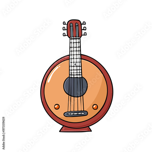 Unique round acoustic folk instrument with six strings and wooden body
