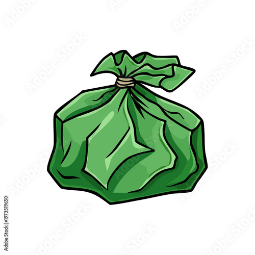 Hand-drawn illustration of a closed green garbage bag tied with string