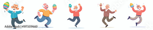 vector of a grandpa stand happily dancing and holding an Easter egg