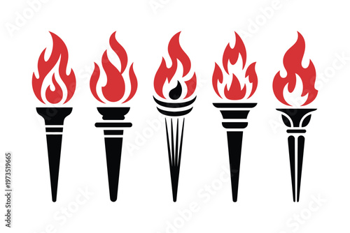 Set of five flaming torches vector illustration graphic design for olympic games and ceremonial events isolated on transparent background