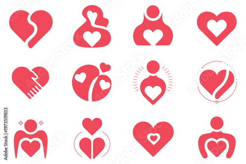 Set of minimalist heart shapes with diverse abstract conceptual designs featuring human figures and romantic symbols for valentine graphic