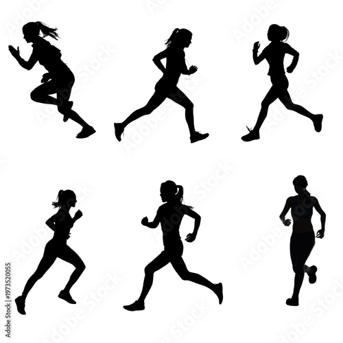 Silhouettes of Running Women on white background.