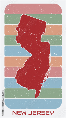 New Jersey, United States vintage logo. Shape of the state on retro colored stripes background. New Jersey, United States map design with grunge scratch texture. Vector illustration.