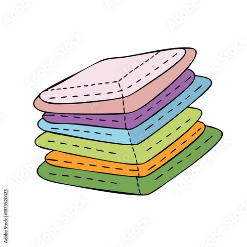 Stack of colorful folded fabric layers with stitched edges and rounded corners