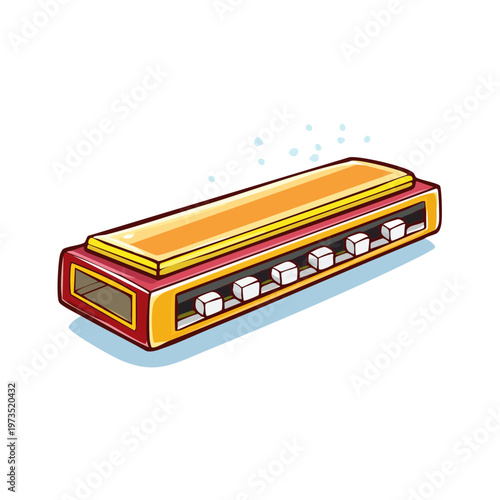 Stylized illustration of a chromatic harmonica with golden and red casing and white keys
