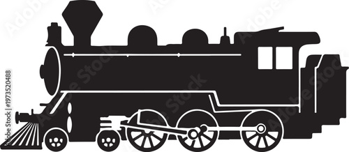 Vintage steam locomotive, black silhouette, train icon, railroad vector