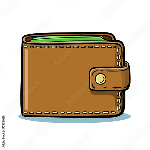 Hand-drawn illustration of a brown leather wallet filled with green banknotes, closed with a snap closure.