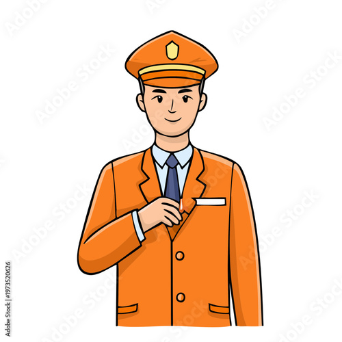 Friendly postal worker in orange uniform with cap adjusting tie