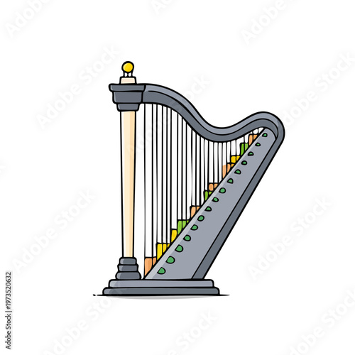 Hand drawn cartoon illustration of a grey harp with colorful strings and a golden finial