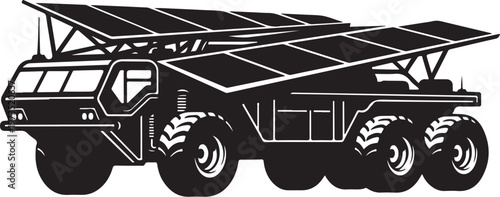 Solar powered truck, eco friendly vehicle, alternative energy transport, black and white illustration