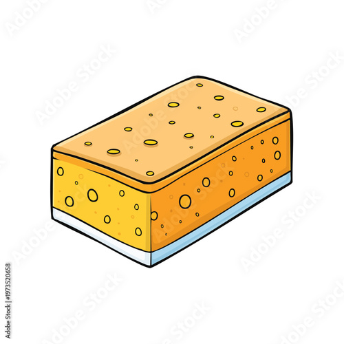 Cartoon rectangular kitchen sponge with porous surface and blue base for cleaning tasks